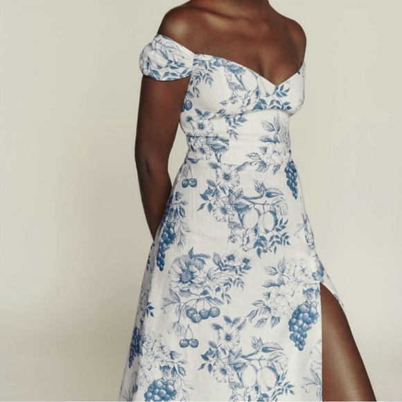 Reformation Dresses & Skirts - Reformation Blue and White Off-Shoulder Sundress with Slit